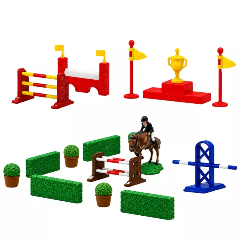 LEAN TOYS Set granja yeguada circuito de obstáculos cuadra figuras de caballos 26 piezas