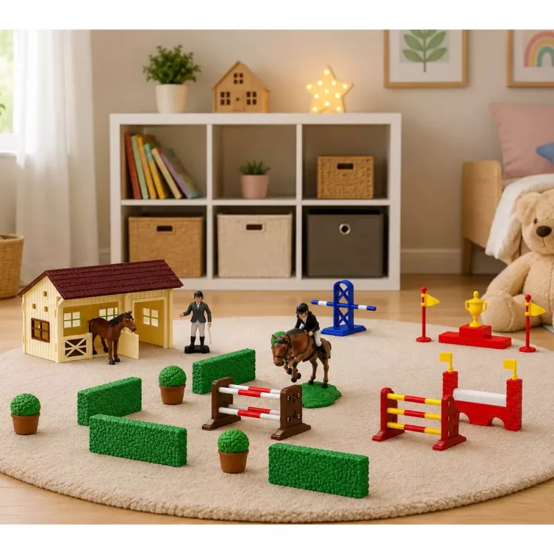 LEAN TOYS Set granja yeguada circuito de obstáculos cuadra figuras de caballos 26 piezas