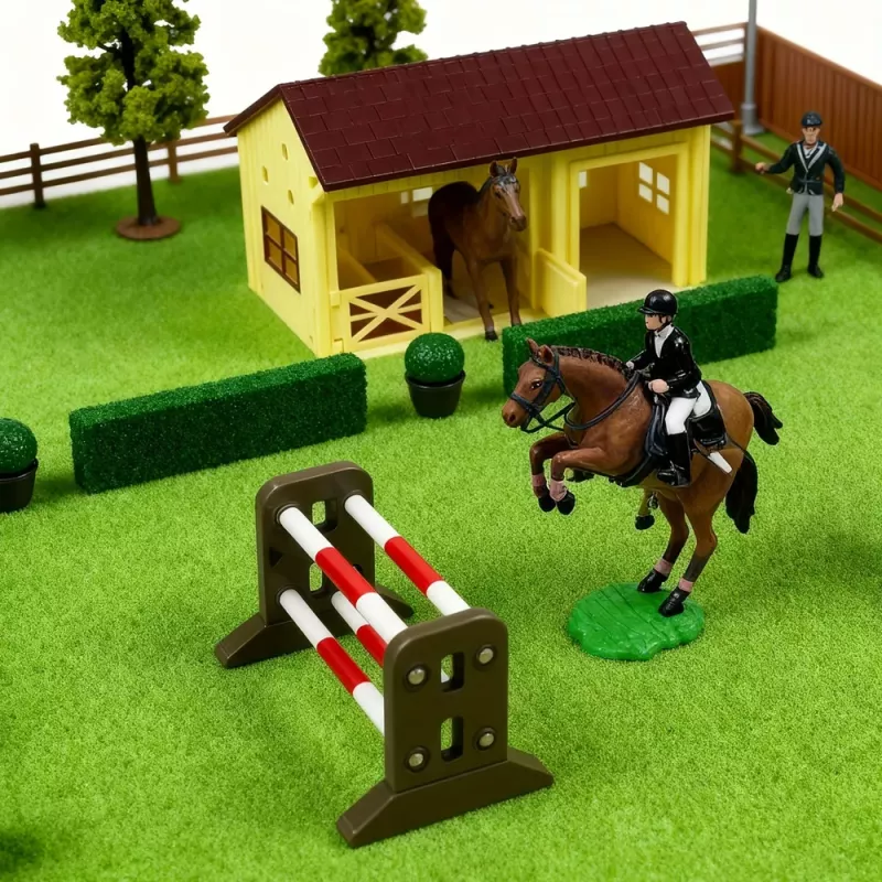LEAN TOYS Set granja yeguada circuito de obstáculos cuadra figuras de caballos 26 piezas