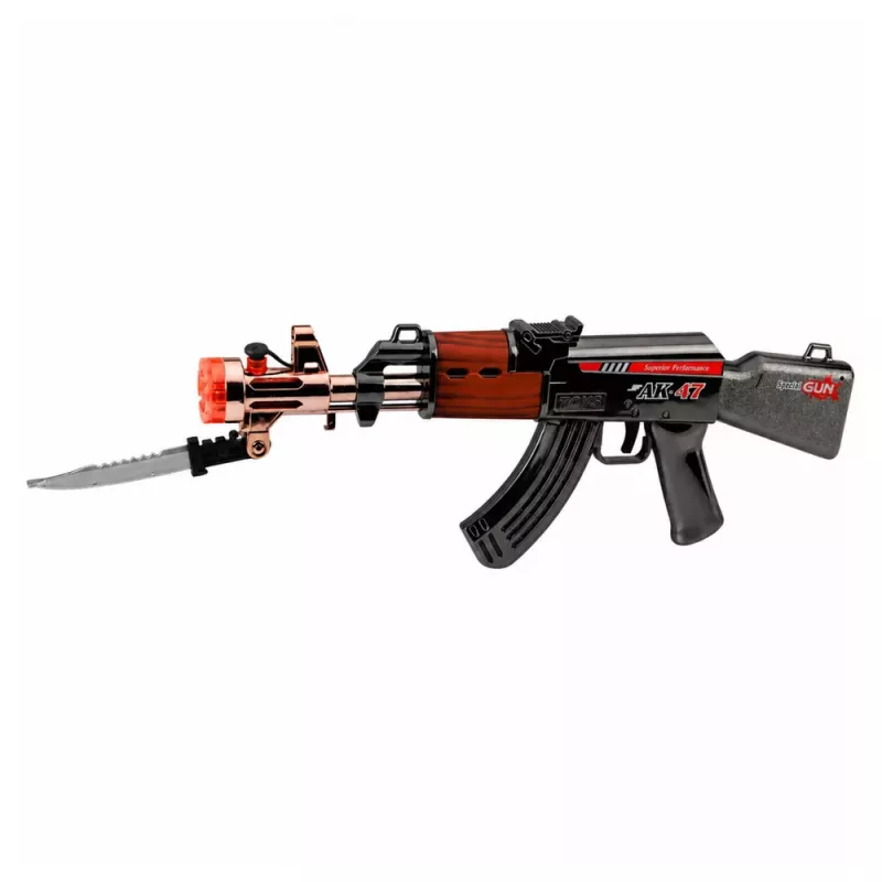 LEAN TOYS Rifle AK47, arma de imitación a pilas con cuchillo, efecto de humo, luces y sonidos