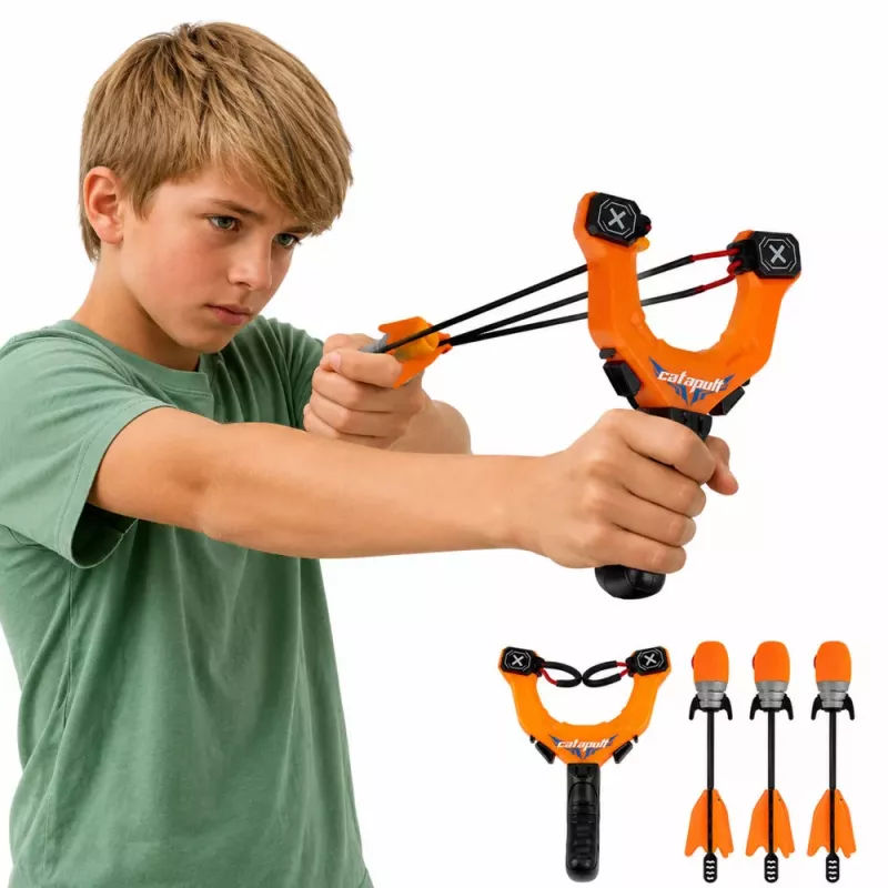 LEAN TOYS Set Deportivo de Habilidad Tirachinas con Flechas Silbadoras Naranja 15M