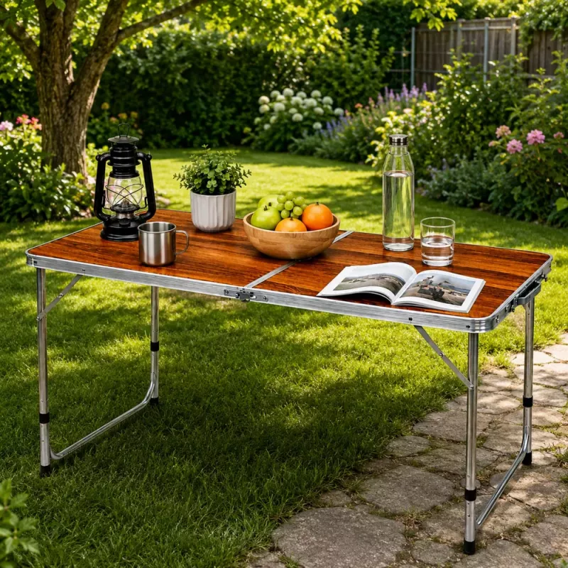LEAN Mesa de Camping Plegable Altura Ajustable Maleta Madera