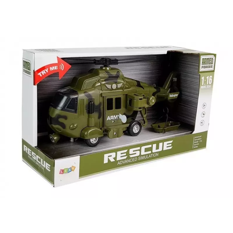LEAN TOYS Helicóptero de rescate militar 1:16 gancho sonido luz