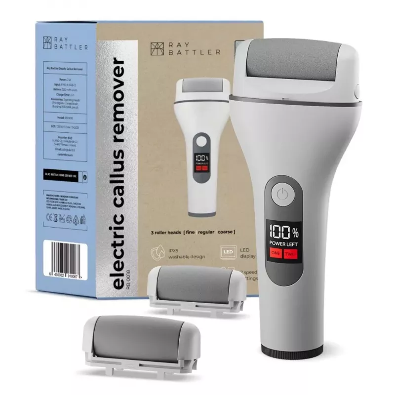 Ray Battler RB 0018 Callus Remover - Lima eléctrica recargable para pies con 3 cabezales de rodillo, IPX7 resistente al agua, uso en húmedo y en seco