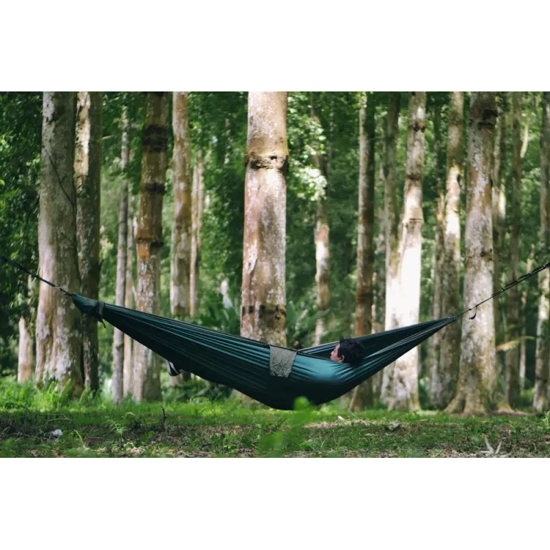 Ticket To The Moon TRAVEL HAMMOCK - Hamaca original para 2 personas, nailon, verde oscuro y gris claro