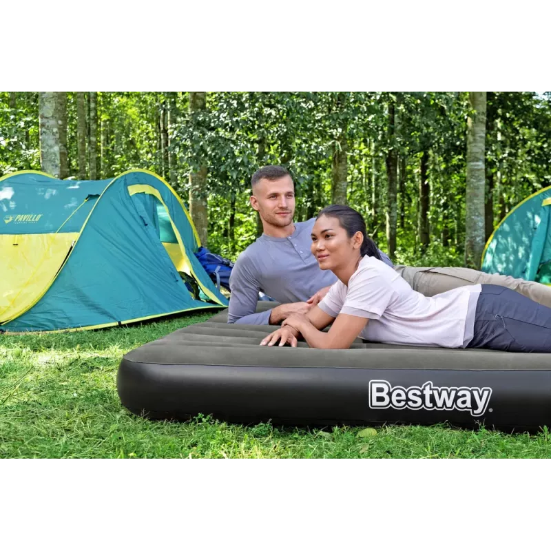 Bestway Pavillo Colchón de aire inflable Queen 203x152x25 cm con bomba de pie integrada, superficie flocada, construcción Coil-Beam, gris/azul