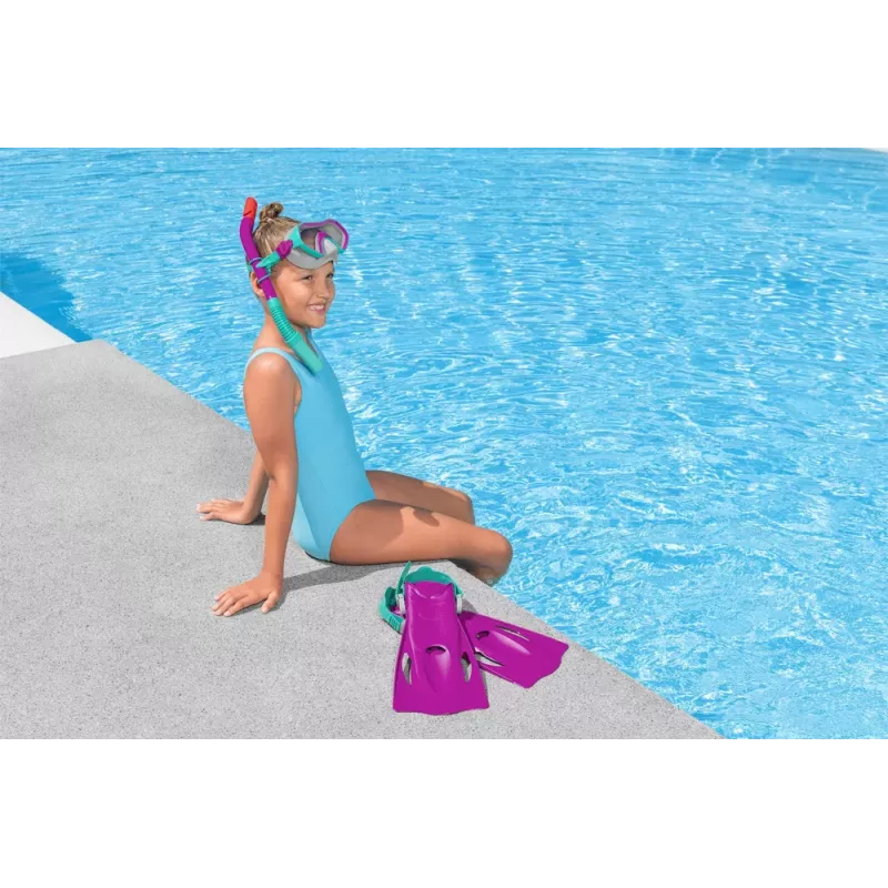 Bestway 25046 Set de snorkel junior rosa máscara, aletas, tubo para niños 3-6 años