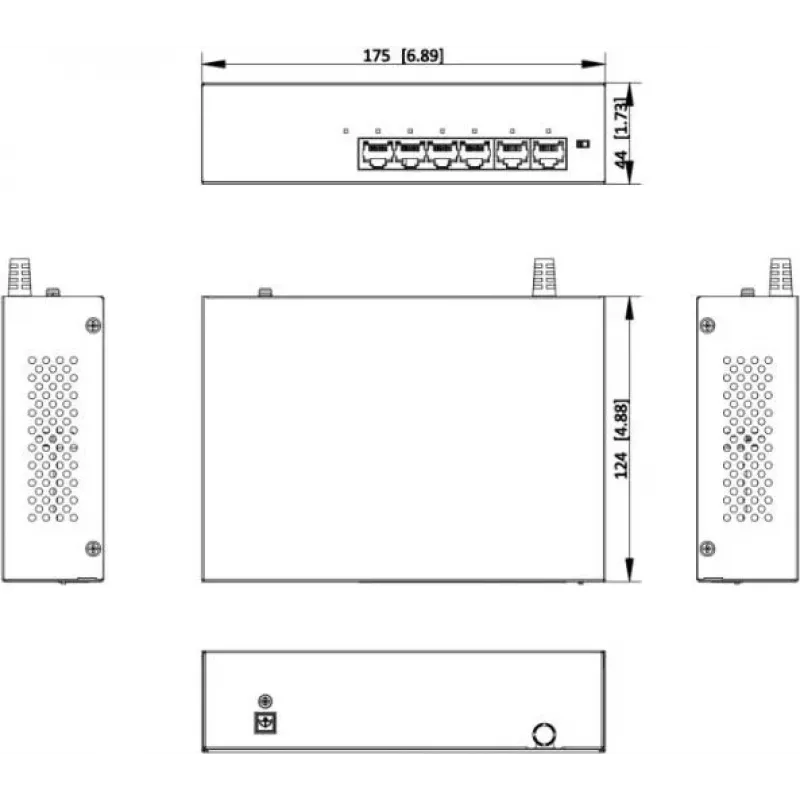 Hikvision DS-XS06-P(O-STD) switch PoE+ no gestionado de 6 puertos (4 puertos PoE, 2 uplink Gigabit, presupuesto 60W, carril DIN)