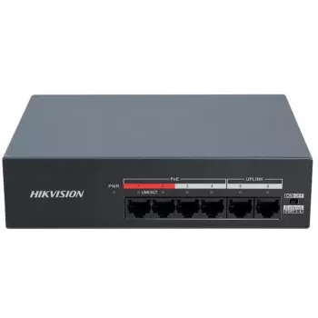 Hikvision DS-XS06-P(O-STD) switch PoE+ no gestionado de 6 puertos (4 puertos PoE, 2 uplink Gigabit, presupuesto 60W, carril DIN)