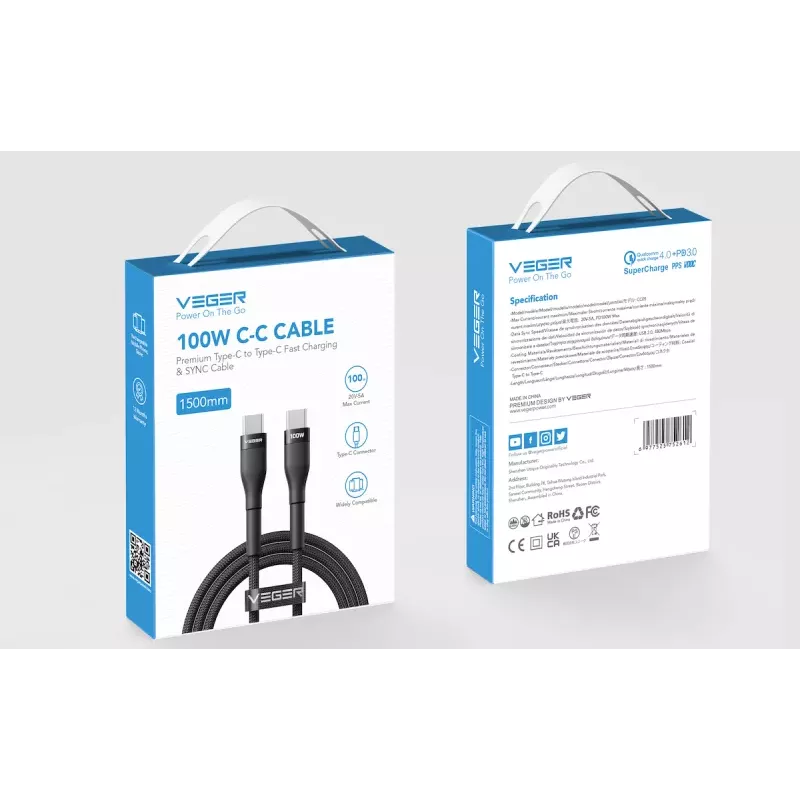 VEGER Cable USB-C a USB-C PD 100W 1,5 m, Negro