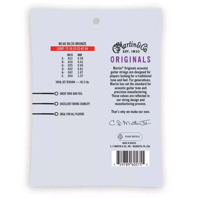 Martin MA140 Light (12-54) Cuerdas para guitarra acústica - 80/20 Bronze, juego de 6 cuerdas