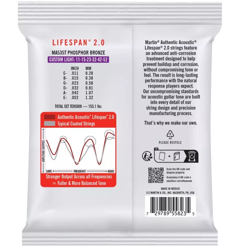 Martin MA535T Custom Light (11-52) Cuerdas para guitarra acústica - Lifespan 2.0 Phosphor Bronze