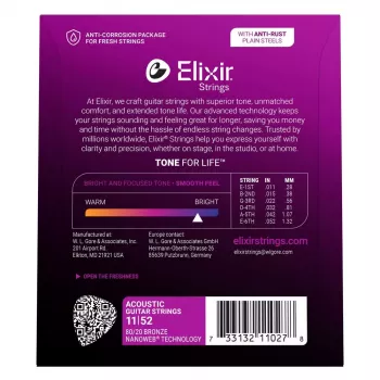 Elixir Strings 11027 cuerdas para guitarra acústica Custom Light NANOWEB (11-52)