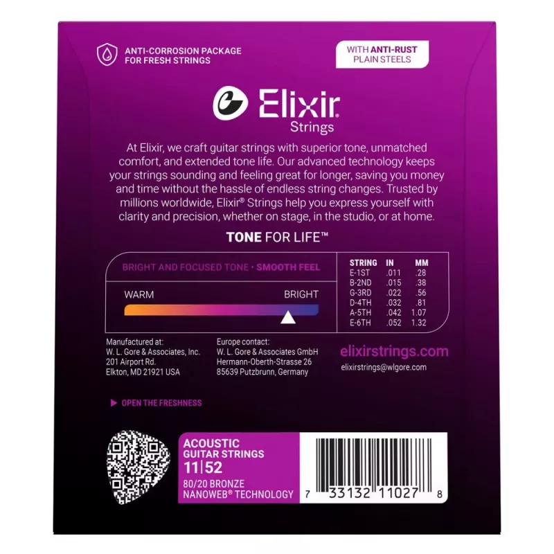 Elixir Strings 11027 cuerdas para guitarra acústica Custom Light NANOWEB (11-52)