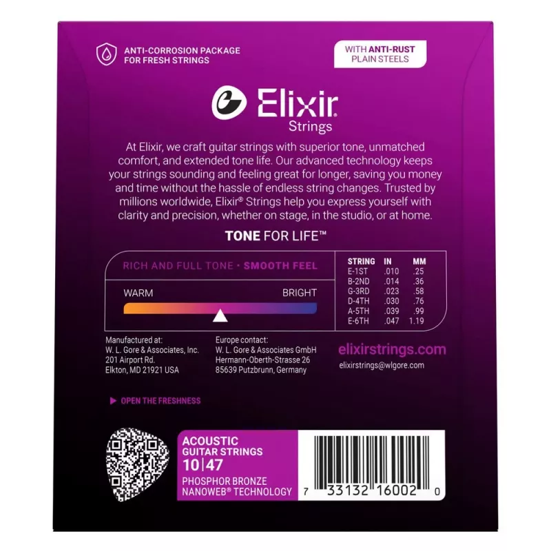 Elixir 16002 cuerdas para guitarra acústica NANOWEB Phosphor Bronze Extra Light (10-47)