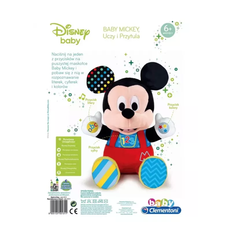 Clementoni Disney Baby Mickey Mouse Peluche Interactivo, enseña y abraza, idioma polaco 50131