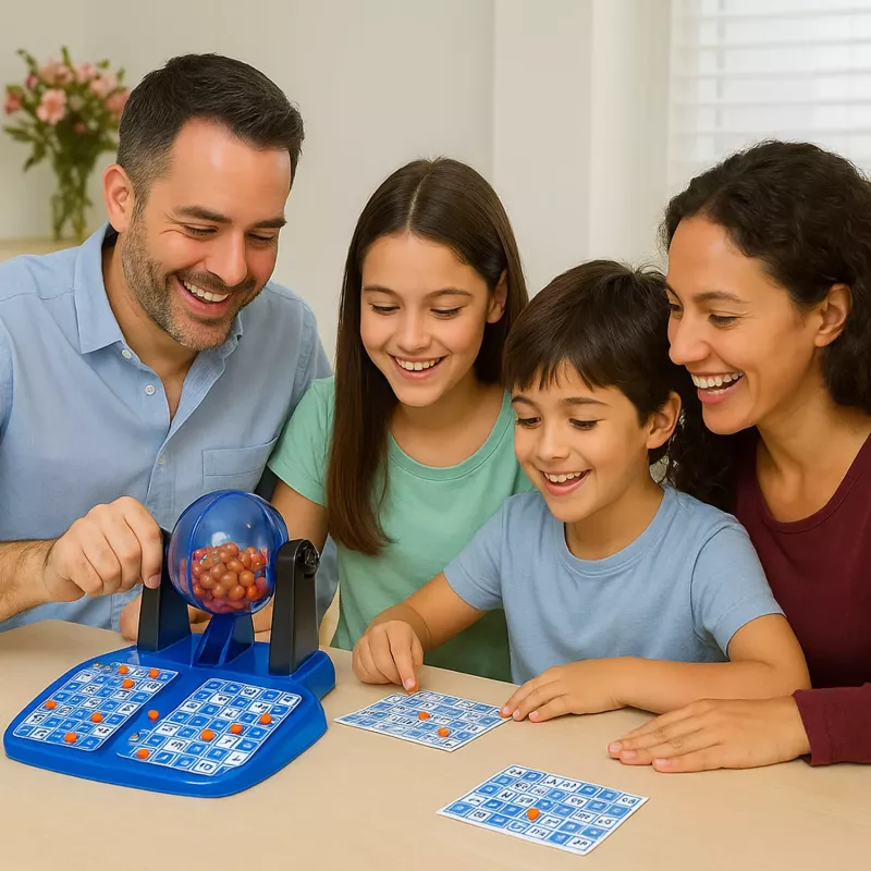 Koala Games G2592 Juego de bingo – 75 bolas, 48 cartones, 150 fichas, jaula metálica, diversión en familia