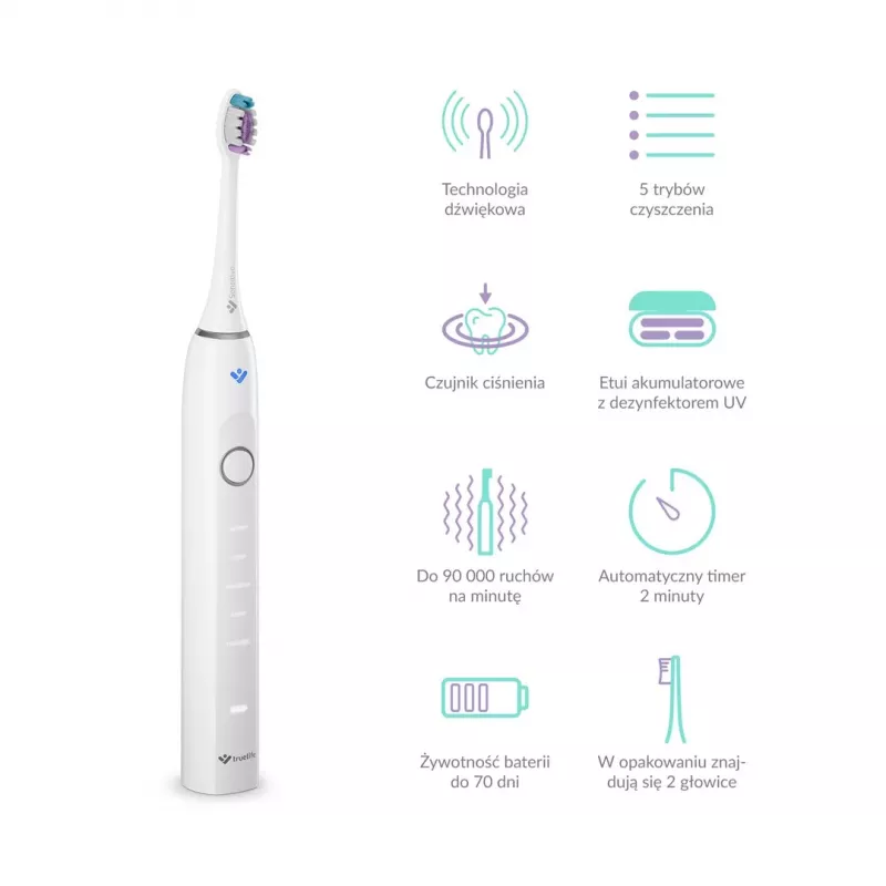 TrueLife SonicBrush Clean70 UV Cepillo de dientes sónico con esterilizador UV, 5 modos, 3 cabezales, estuche de viaje, negro