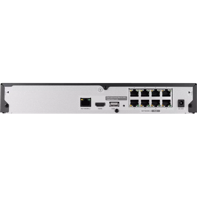 Hanwha Vision Grabador de vídeo en red 8 canales IP H.265 60Mbps sin HDD HDMI Switch PoE