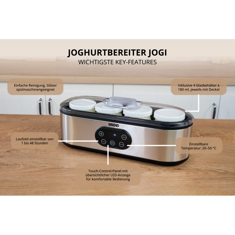 UNOLD 38726 Jogi Yogurtera, 4 x 180 ml tarros de cristal