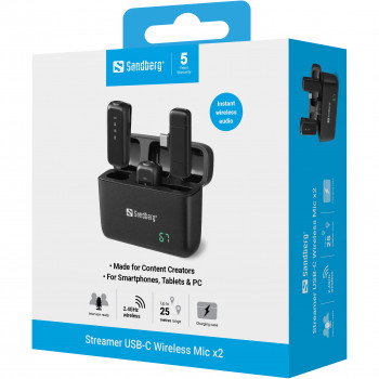 SANDBERG Streamer USB-C Wireless Mic x2 - Set de micrófono dual - 20 Hz - 20 kHz