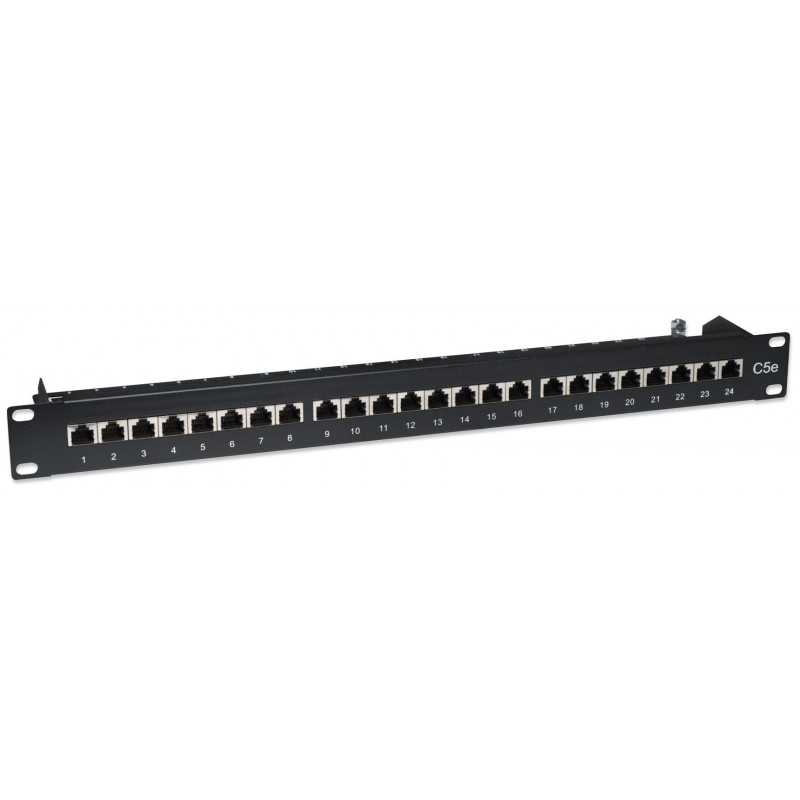Intellinet 513487 panel de parcheo 24 puertos Cat5e STP 1U para rack, negro
