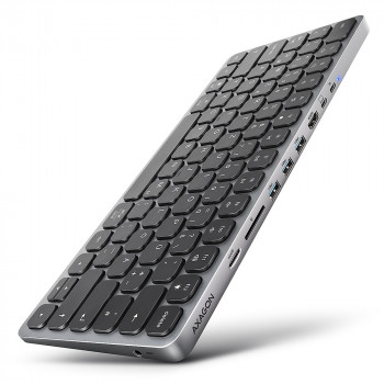 AXAGON HMC-KB-GE Teclado USB-C 5Gbps con hub 9 en 1, distribución alemana, HDMI 4K, Gigabit Ethernet, 100W PD, lector de tarjetas, Negro