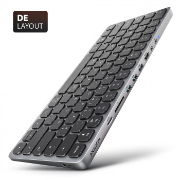 AXAGON HMC-KB-GE Teclado USB-C 5Gbps con hub 9 en 1, distribución alemana, HDMI 4K, Gigabit Ethernet, 100W PD, lector de tarjetas, Negro