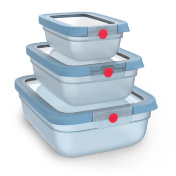 EMSA ONECLICK Juego de recipientes de almacenamiento, 3 piezas, 0,5/1,2/2,3 L, tapas azules, recipientes transparentes 3110601764