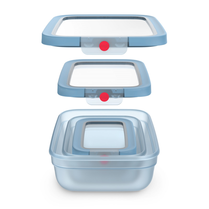 EMSA ONECLICK Juego de recipientes de almacenamiento, 3 piezas, 0,5/1,2/2,3 L, tapas azules, recipientes transparentes 3110601764