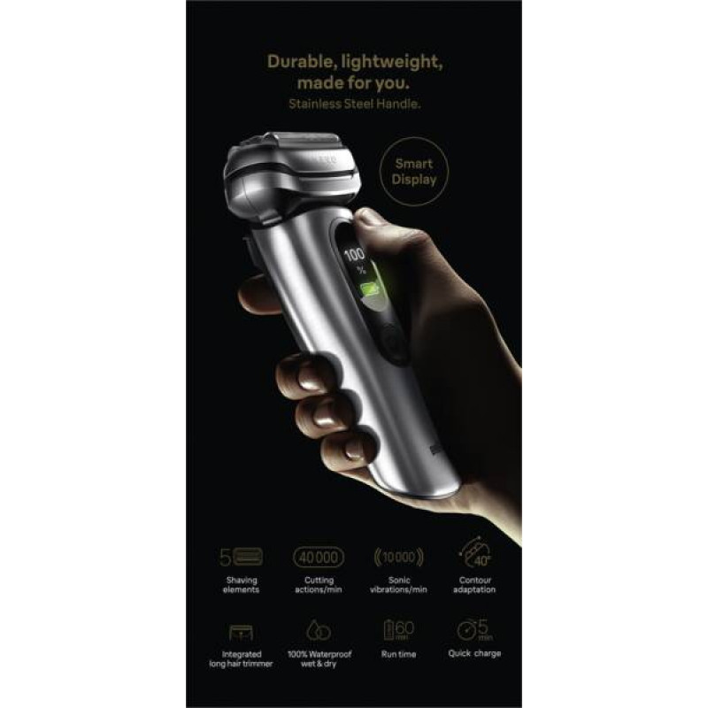 Braun NEVO 17000cc Afeitadora eléctrica con estación Clean&Charge, 5 modos, cabezal de afeitado 360°, cromo/plata 349659