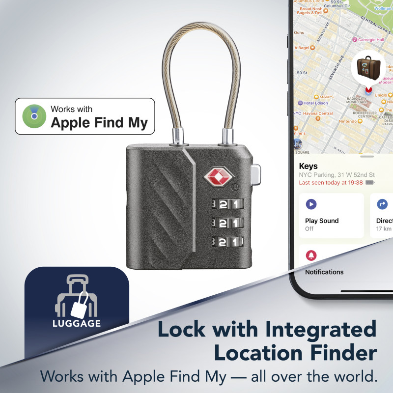 Cellularline TRACY LOCK Candado inteligente con rastreador Bluetooth vía Apple Find My, negro 61302