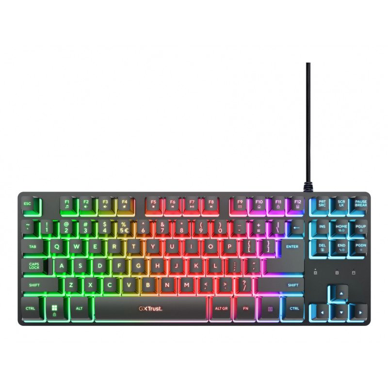 Trust Gaming GXT833 THADO teclado gaming TKL - Tenkeyless, placa superior de metal, retroiluminación LED multicolor, membrana, USB con cable