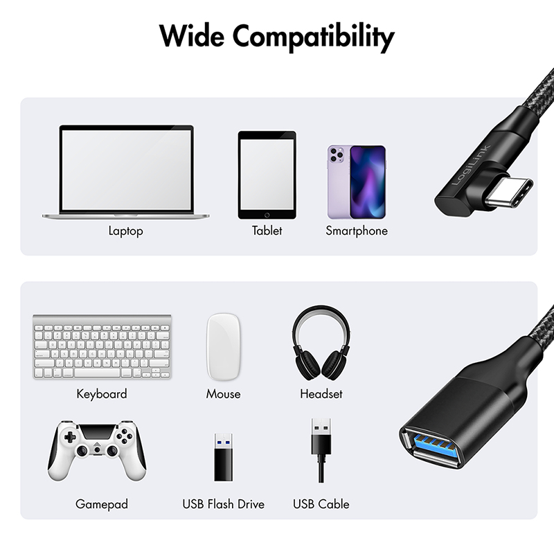 LogiLink CU0100 Cable adaptador USB-C a USB-A, 0,2 m, 10 Gbps, acodado 90°, negro
