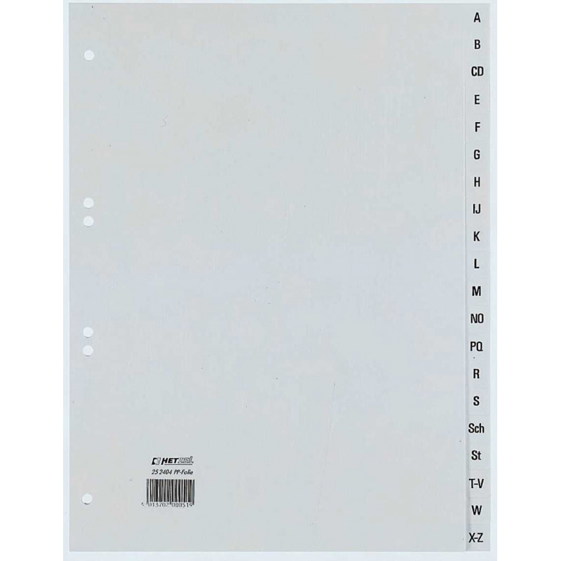 Índice A-Z REXEL HETZEL A4, 20 pestañas, polipropileno, gris, perforación 80-80-80 mm 25240481