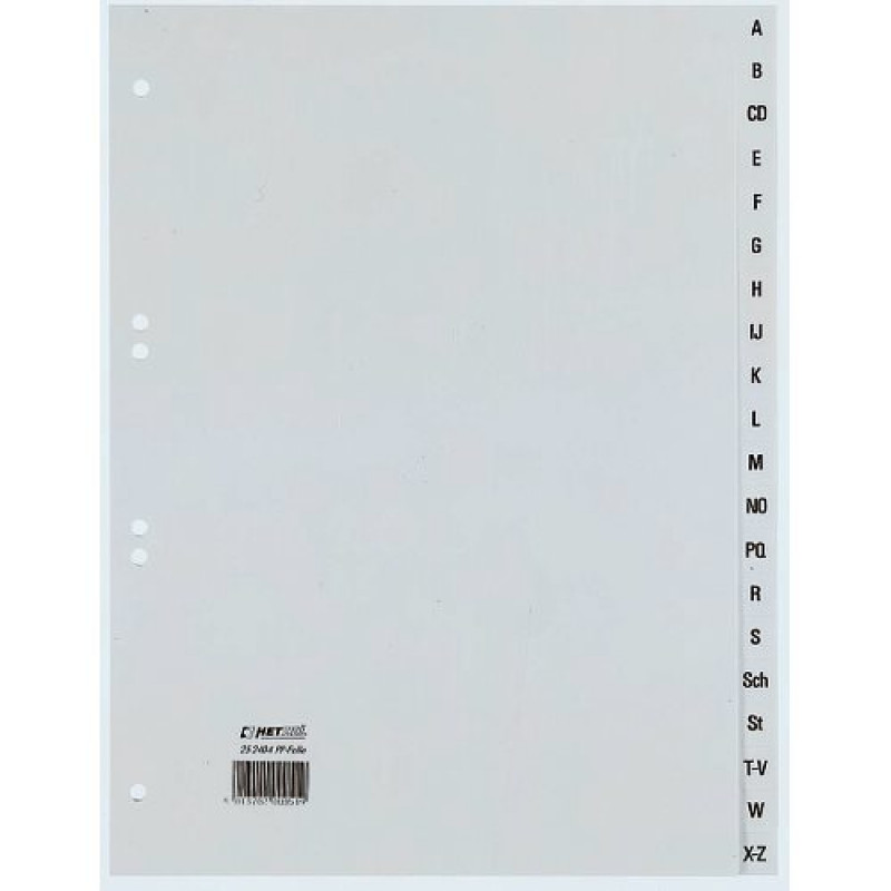 Índice A-Z REXEL HETZEL A4, 20 pestañas, polipropileno, gris, perforación 80-80-80 mm 25240481