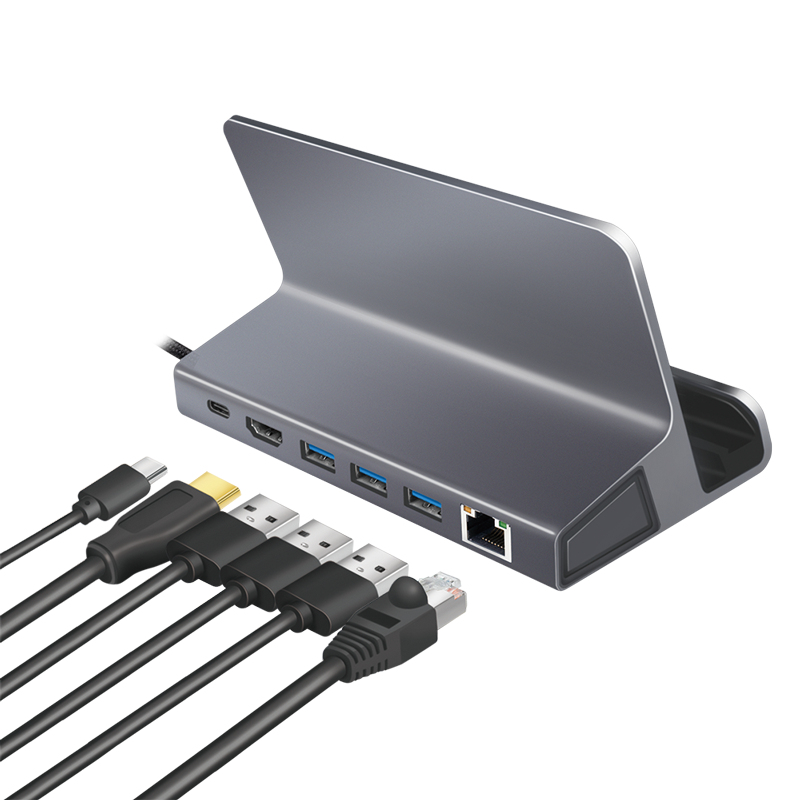 LogiLink UA0408 dock USB-C con soporte para tablet, HDMI 4K@60Hz, 100W PD, Gigabit Ethernet, plata