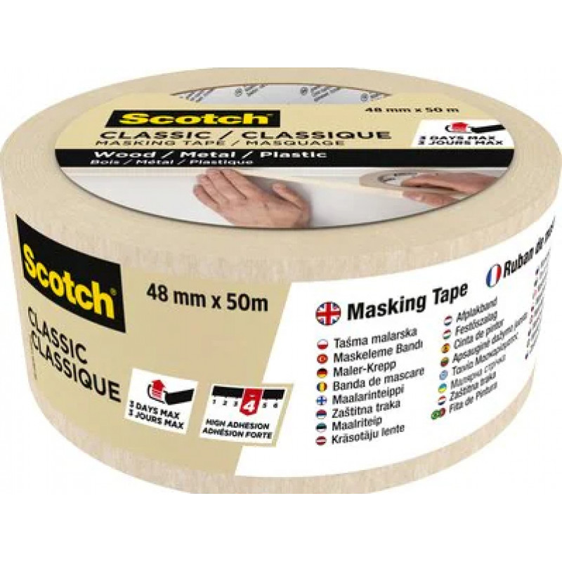 3M Classic 2000 cinta de enmascarar para pintores, beige, 48 mm x 50 m, certificada PEFC (CLASSIC-4850 PEFC)