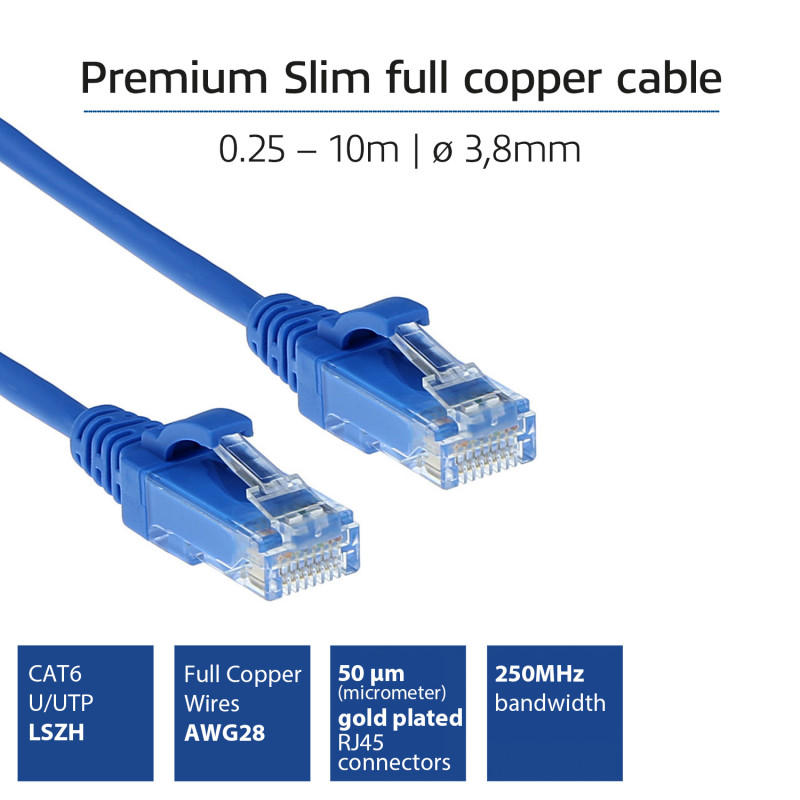 ACT cable de red Slimline Datacenter LSZH U/UTP CAT6 azul de 0,25 m con conectores RJ45 DC9652