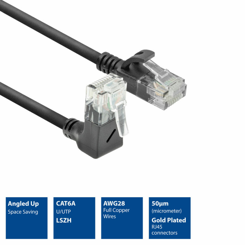 ACT DC4901 Cable de parcheo CAT6A U/UTP LSZH Slimline de 1 m, negro, RJ45 acodado 90° a recto