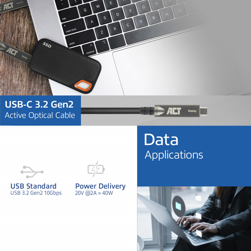 ACT Cable óptico activo (AOC) USB-C 3.2 Gen2, para paneles táctiles, vídeo, datos, alimentación, 15m (AK4335)
