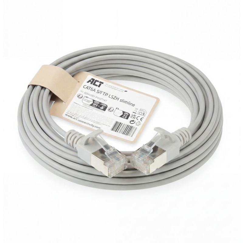 ACT Cable de parcheo LSZH S/FTP CAT6A Slimline Snagless RJ45 gris de 4 m (DB7004)