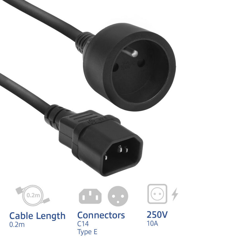 ACT cable de alimentación C14 a conector hembra tipo E 0,2 m negro 10A AK5385