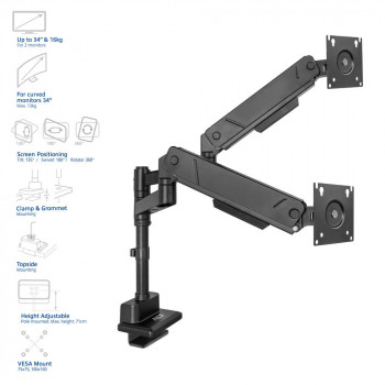 ACT AC8330 Office Solid Pro brazo doble para monitor, resorte de gas, montaje en poste, hasta 34"
