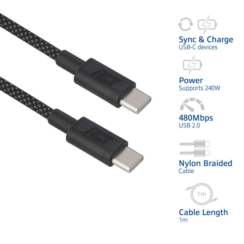 ACT cable de carga/datos USB 2.0 240W USB-C a USB-C, negro, 1 m (AC3086)