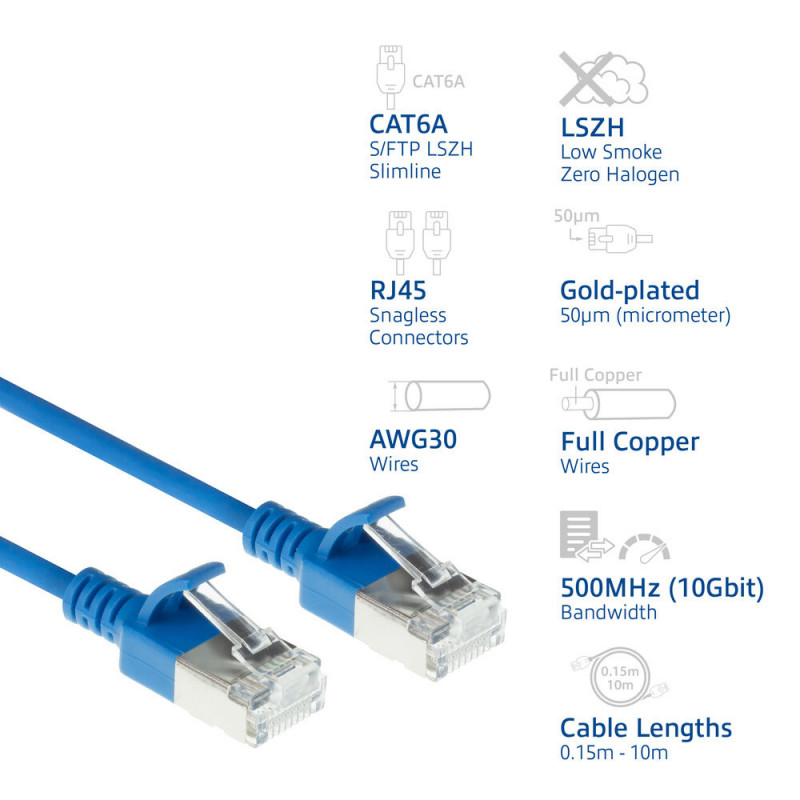 Cable de red patch RJ45 ACT azul de 10 m LSZH S/FTP CAT6A Slimline, snagless (DB7610)