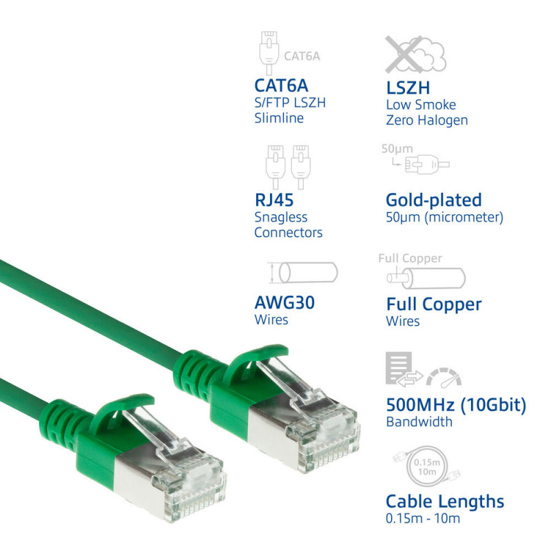 Cable de red patch RJ45 ACT verde de 0,15 m LSZH S/FTP CAT6A Slimline Snagless (DB7730)