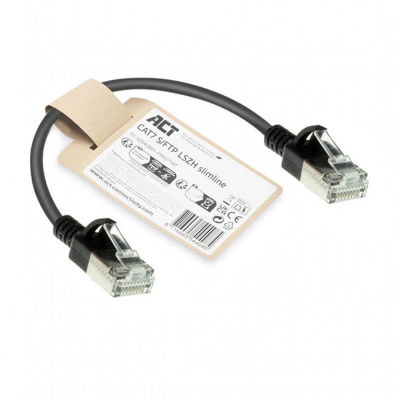 Cable de red patch RJ45 ACT negro de 0,15 m LSZH S/FTP CAT7 Slimline Snagless (DF7930)