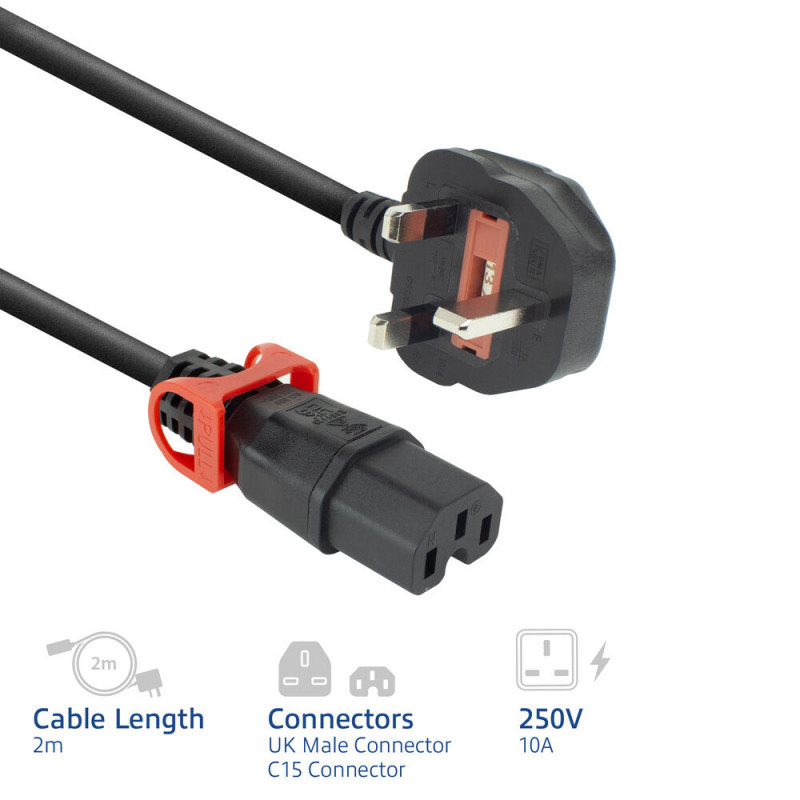 Cable de alimentación ACT enchufe UK - C15 IEC Lock+ negro 2 m, PC3884 (PL0082)