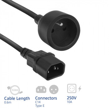 Cable de alimentación ACT C14 IEC 60320 - conector hembra tipo E (corriente máx. 10A) negro 0,6 m (AK5386)
